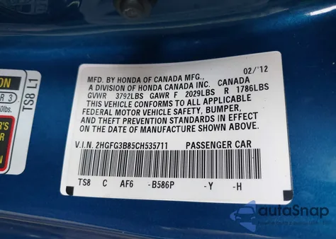 2012 Honda Civic Ex z USA, uszkodzony, nr VIN 2HGFG3B85CH535711